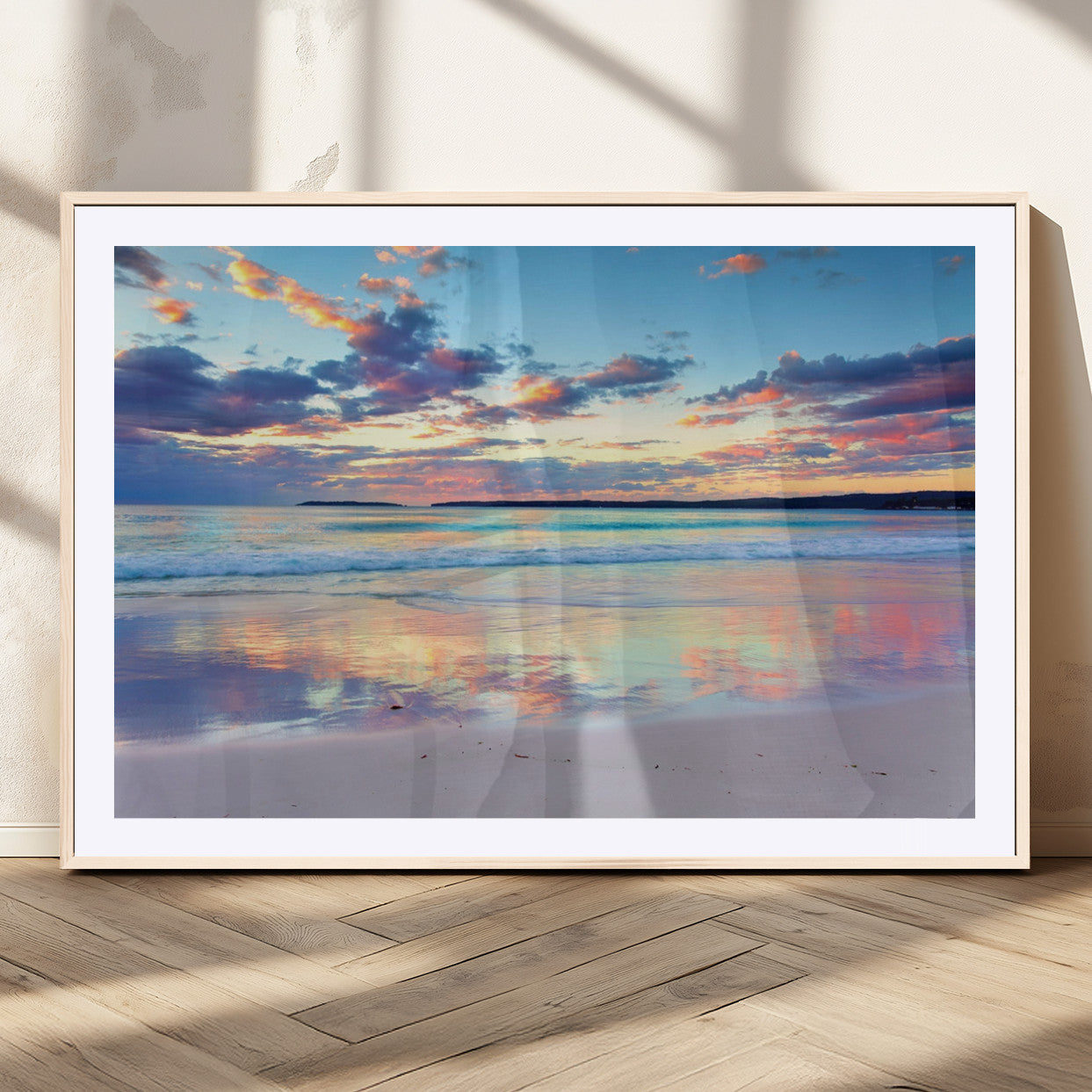 MGC-FP-36x24 - Tranquil Pastel Sunset Beach Triptych Canvas Art, Soothing Coastal Ocean Shoreline Giclee Print,