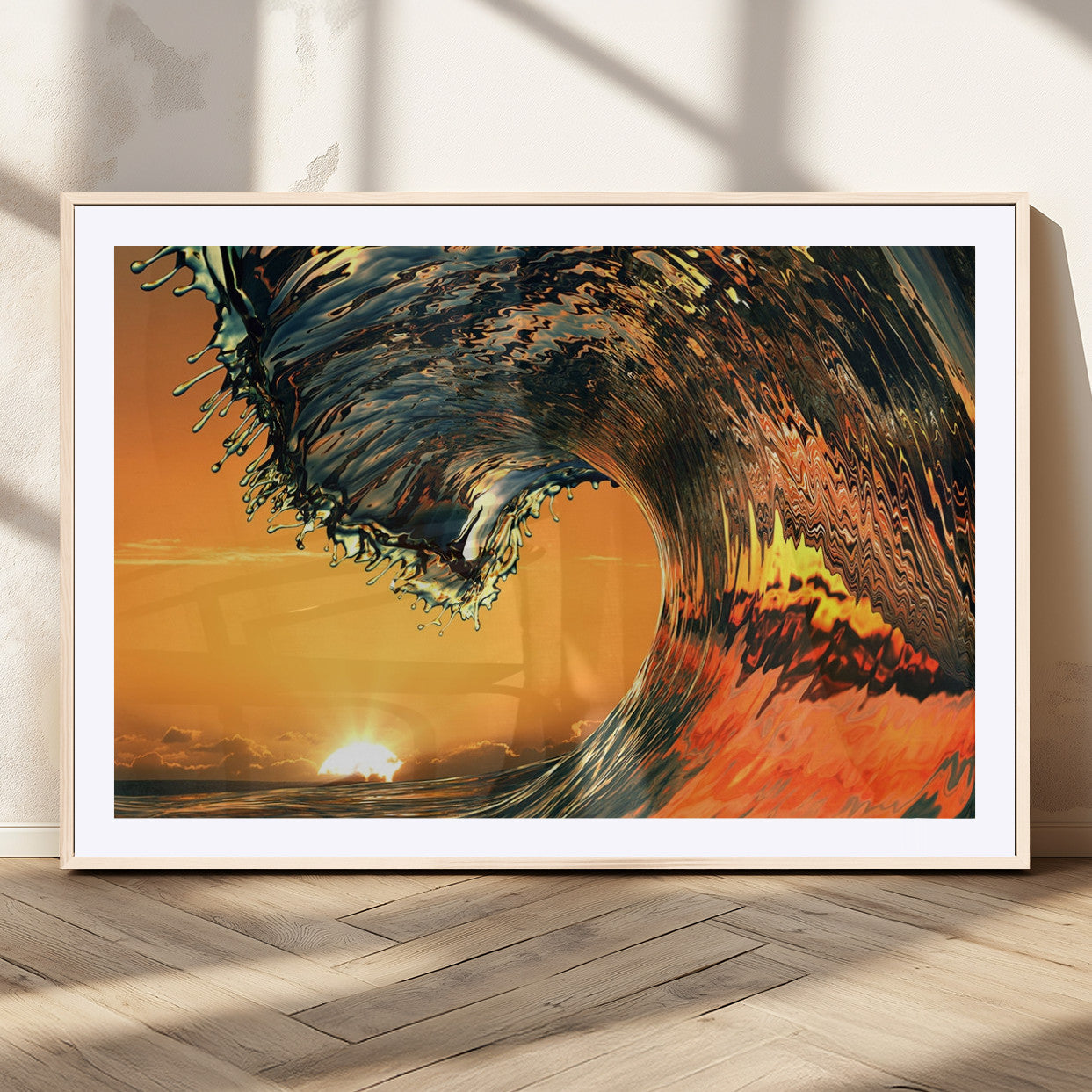 -Surf Wave Sunset Canvas Wall Art Print, 3-Panel Ocean Coastal Wall Art Print, Ocean Decor for