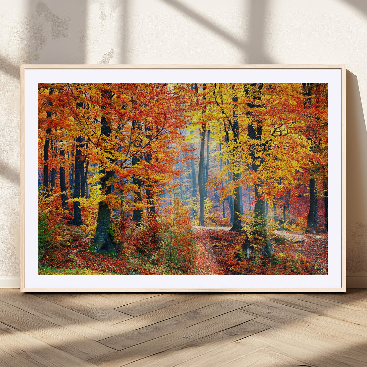 MGC-FP-36x24 - Autumn Red Forest Triptych Canvas Wall Art Print, Forest Wall Decor, Fall Landscape Art | Season