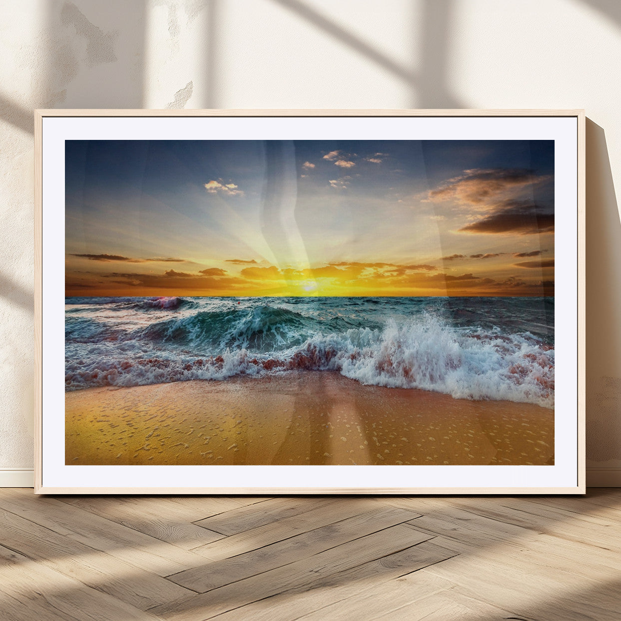 -Golden Sunset Ocean Waves Wall Art Canvas Print – Multi Panel Beach Canvas Print Set – Large Coastal
