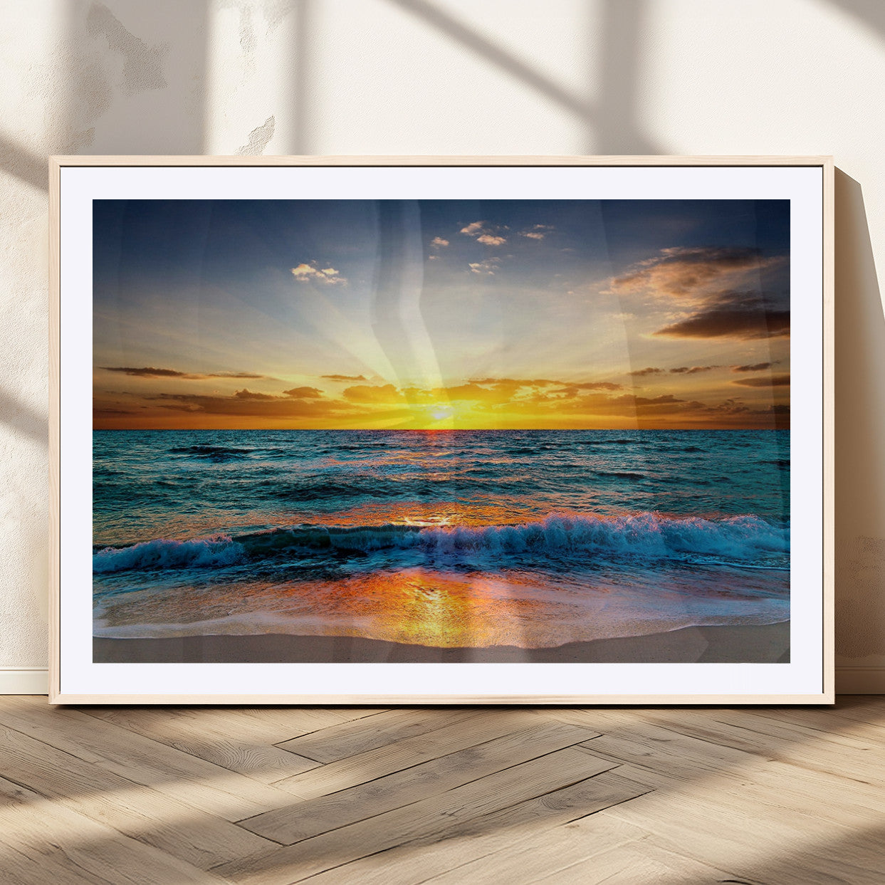50627-MGC-FP-36x24_Natural-Vibrant Ocean Sunrise Over Golden Beach Waves, Giclee Canvas Wall Art Set, High-Quality Stretched