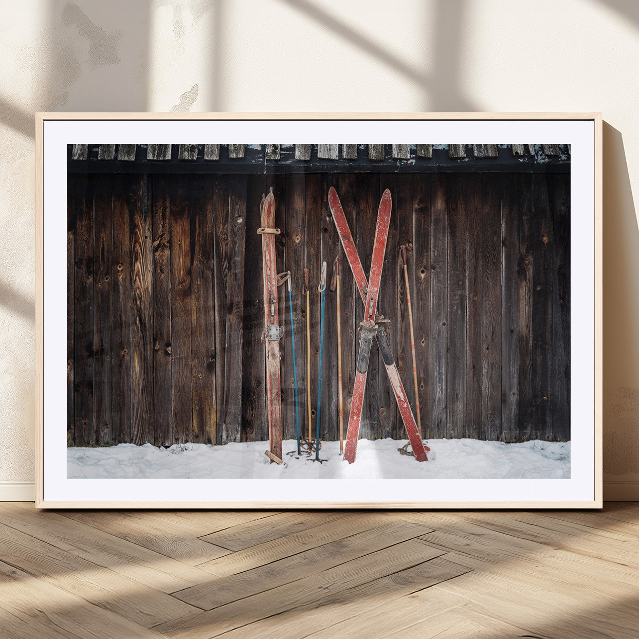 MGC-FP-36x24 - Vintage Ski Gear Canvas Print, Vintage Ski Gear Against Wooden Cabin Wall, Rustic Winter Sports