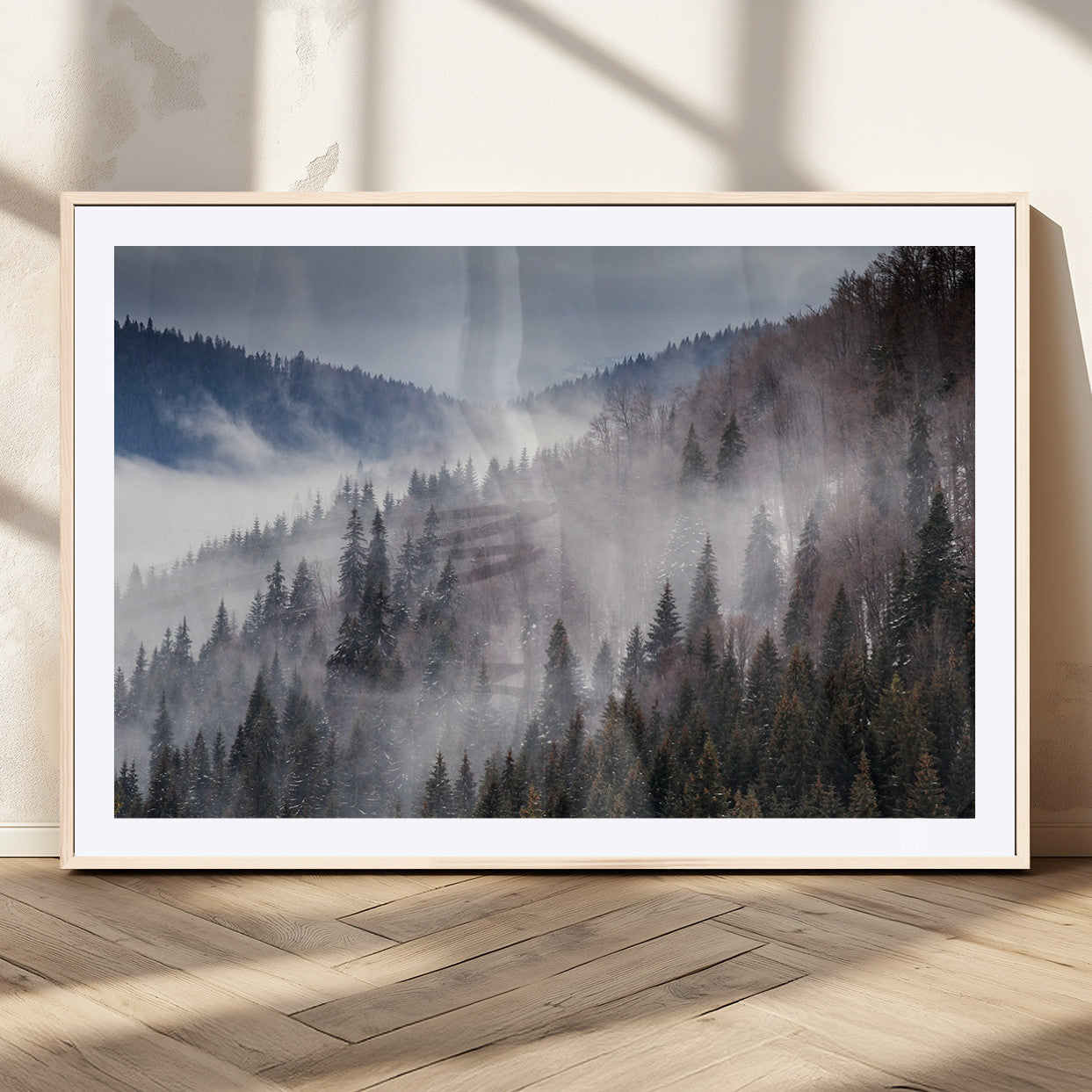 MGC-FP-36x24 - Beautiful Rising Fog in Winter Mountain Landscape - Framed Rising Fog in Winter Mountain Canvas