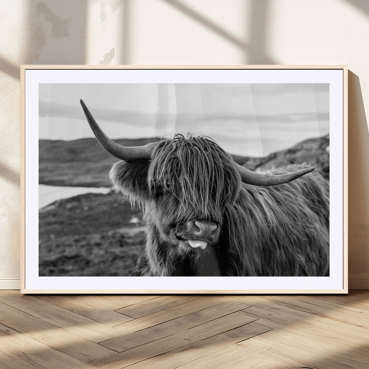 MGC-FP-36x24 - Longhorn Steer Canvas Print Wall Art, Highland Cow Canvas Wall Art – Black and White Animal Portrait
