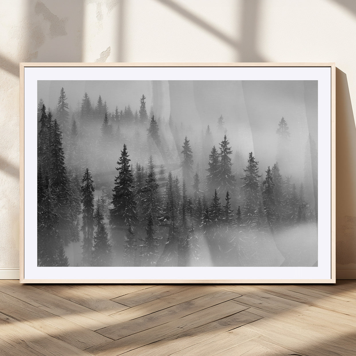 MGC-FP-36x24 - Black and White Forest Wall Art Print – Misty Pine Tree Canvas Print – Winter Woodland Nature Artwork – Perfect for Minimalist Home Decor