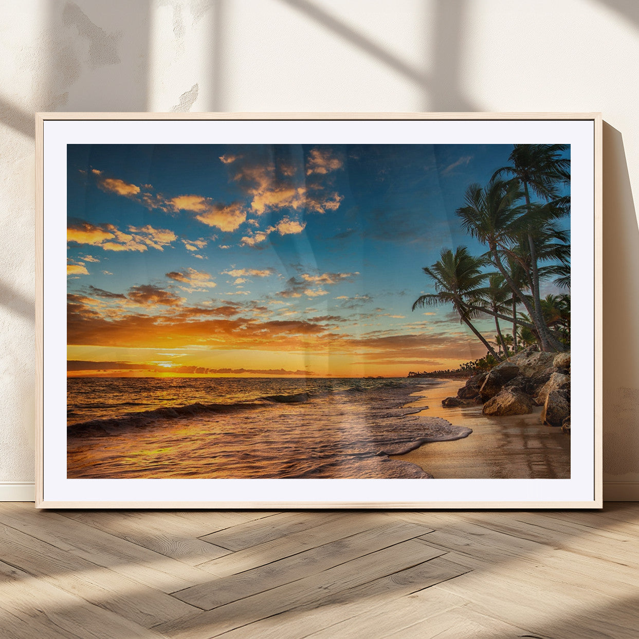 MGC-FP-36x24 - Tropical Beach Sunset Wall Art Print – Palm Tree Coastal Canvas Print – Ocean Seascape Artwork – Perfect for Tropical Modern Home Decor