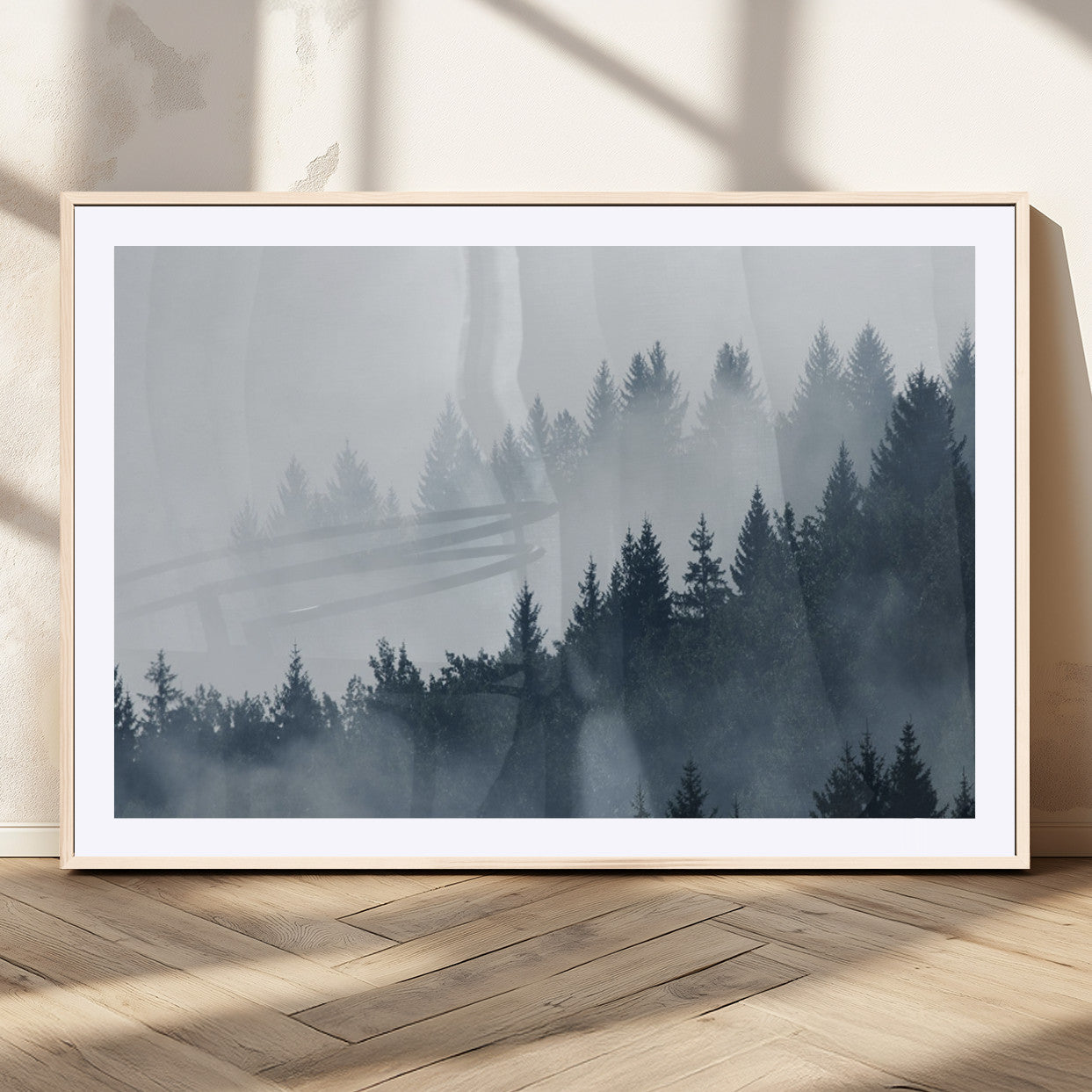 MGC-FP-36x24 - Misty Forest Wall Art Print – Foggy Pine Tree Canvas Print – Dark Woodland Nature Artwork – Perfect for Minimalist and Modern Home Decor