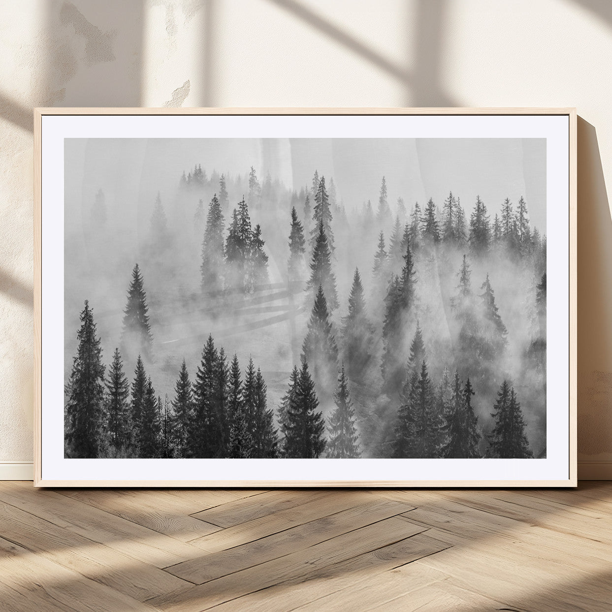 MGC-FP-36x24 - Forest Wall Art Print | Foggy Pine Forest Canvas Wall Art - Black and White Nature-Inspired Decor for Living Room, Modern Forest Landscape Print, Ready to Hang
