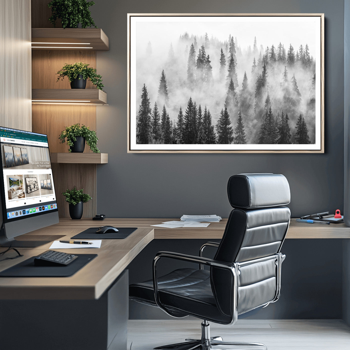 10422-MGC-FP-36x24_Natural-Forest Wall Art Print | Foggy Pine Forest Canvas Wall Art - Black and White Nature Decor for Living Room