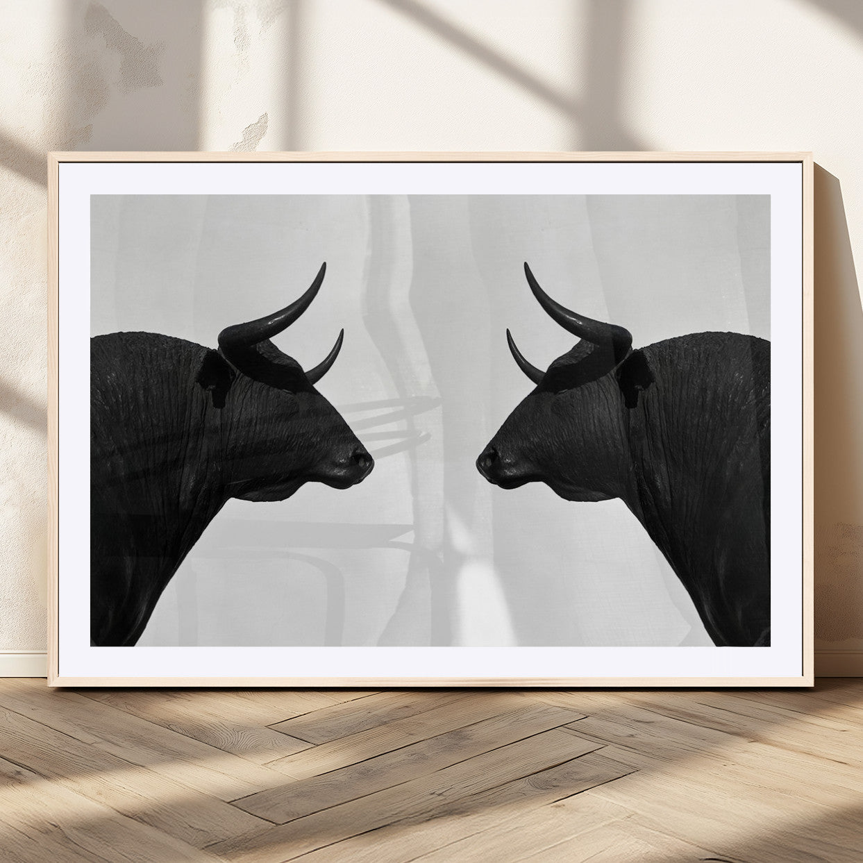 16038-MGC-FP-36x24_Natural-Spanish Bull Art - Framed Black and White Bull Canvas Print for Modern Rustic Home or Office Decor