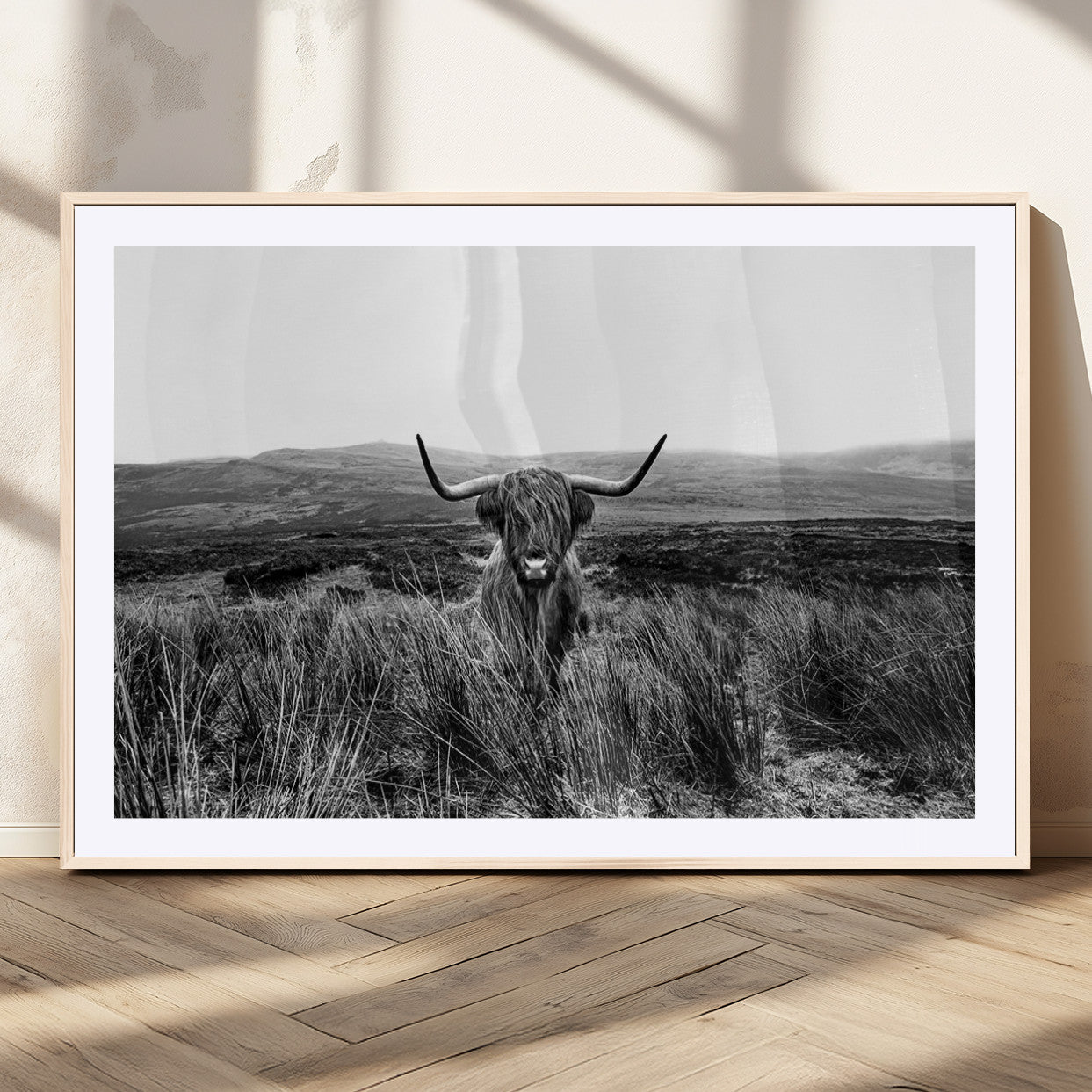 MGC-FP-36x24 - Black and White Highland Cow Canvas Wall Art, Longhorn Triptych Western Wall Decor for Cabin -