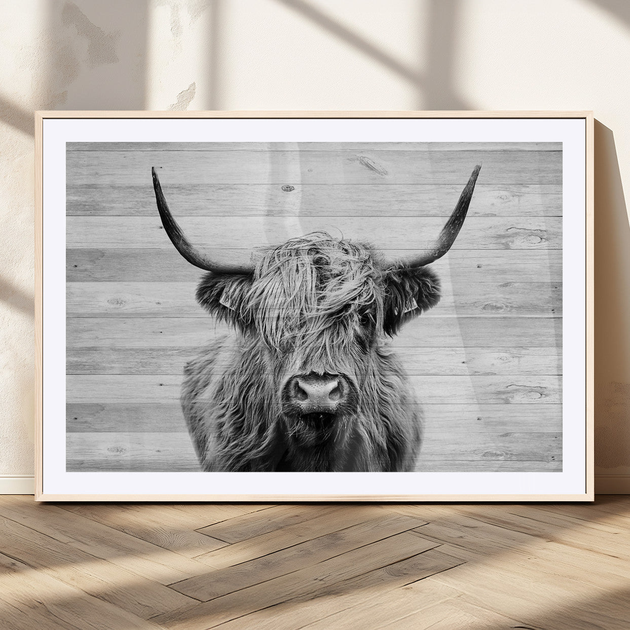 MGC-FP-36x24 - Scottish Highland Cow Cattle Art Print on Wood Background Style, Scottish Highland Cow Wall Art