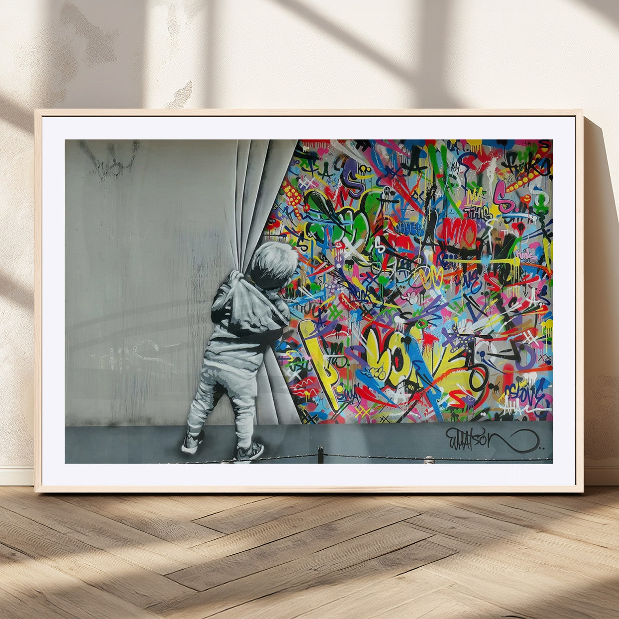 MGC-FP-36x24 - Banksy Colorful Street Graffiti Canvas Wall Art Print, Modern Art Triptych, Child and Graffiti Wall,