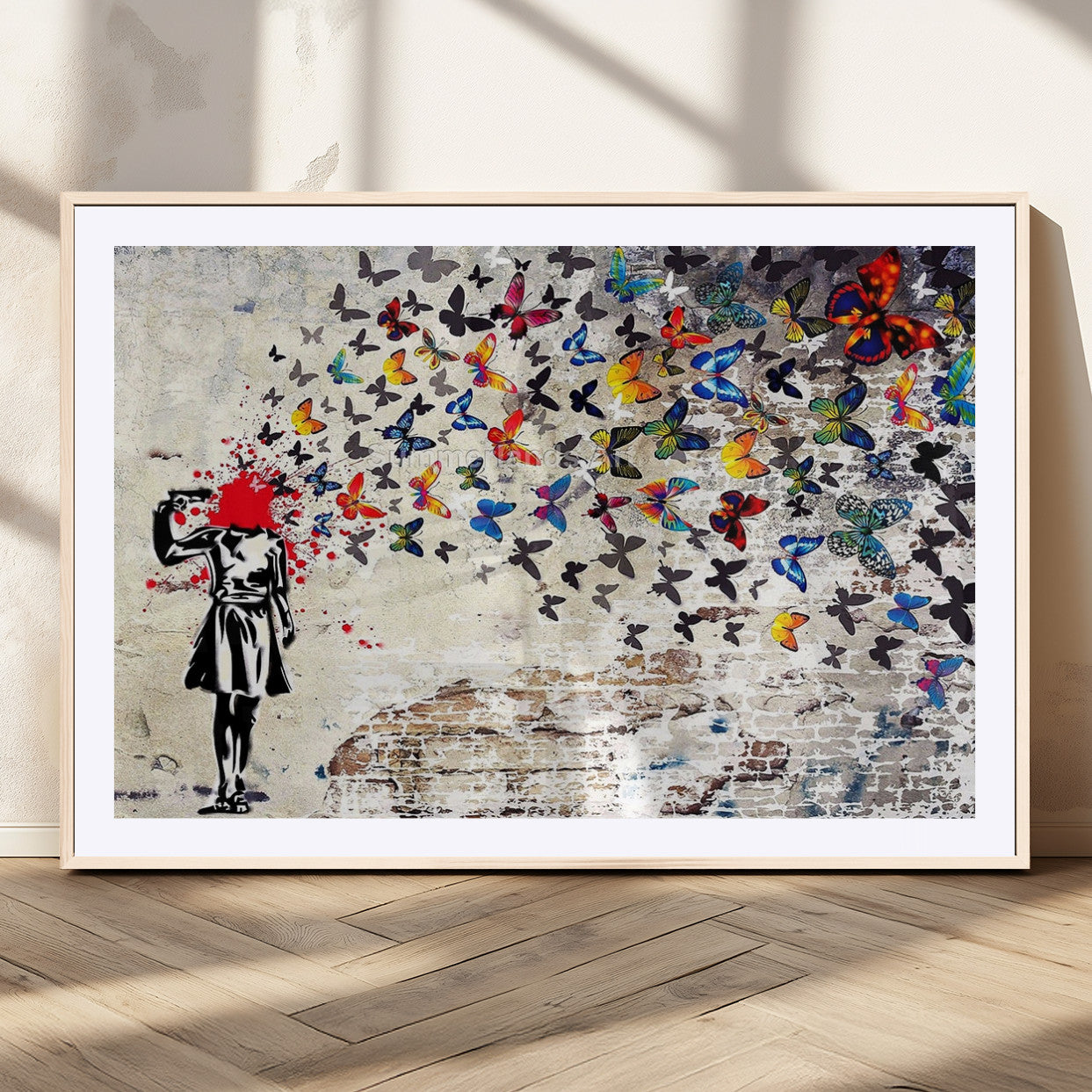 MGC-FP-36x24 - Banksy Art Butterfly Girl Explosion Canvas Art – Vibrant Urban Graffiti for Modern Interiors - Ready