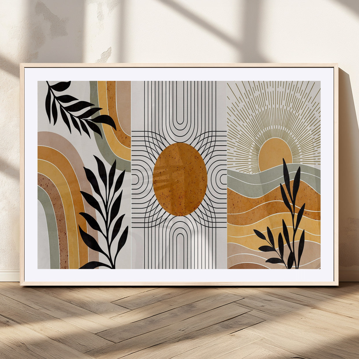 MGC-FP-36x24 - Modern Boho Sun and Leaf Abstract Art – 3-Panel Giclée Canvas for Mid-Century Modern or Bohemian