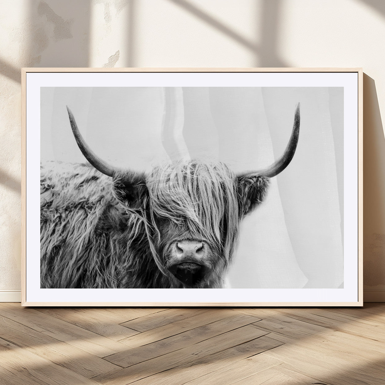 MGC-FP-36x24 - Black White Scottish Highland Cow Cattle Art Print Farmhouse Wall Art Canvas Print