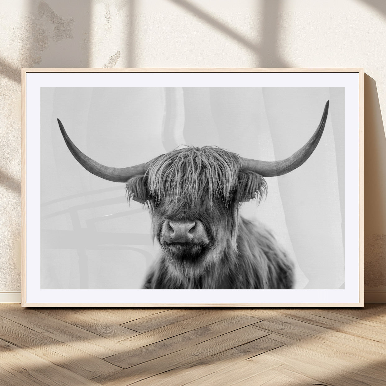 MGC-FP-36x24 - Grayscale Scottish Highland Cow Cattle Art Print Farmhouse Wall Art Canvas Print