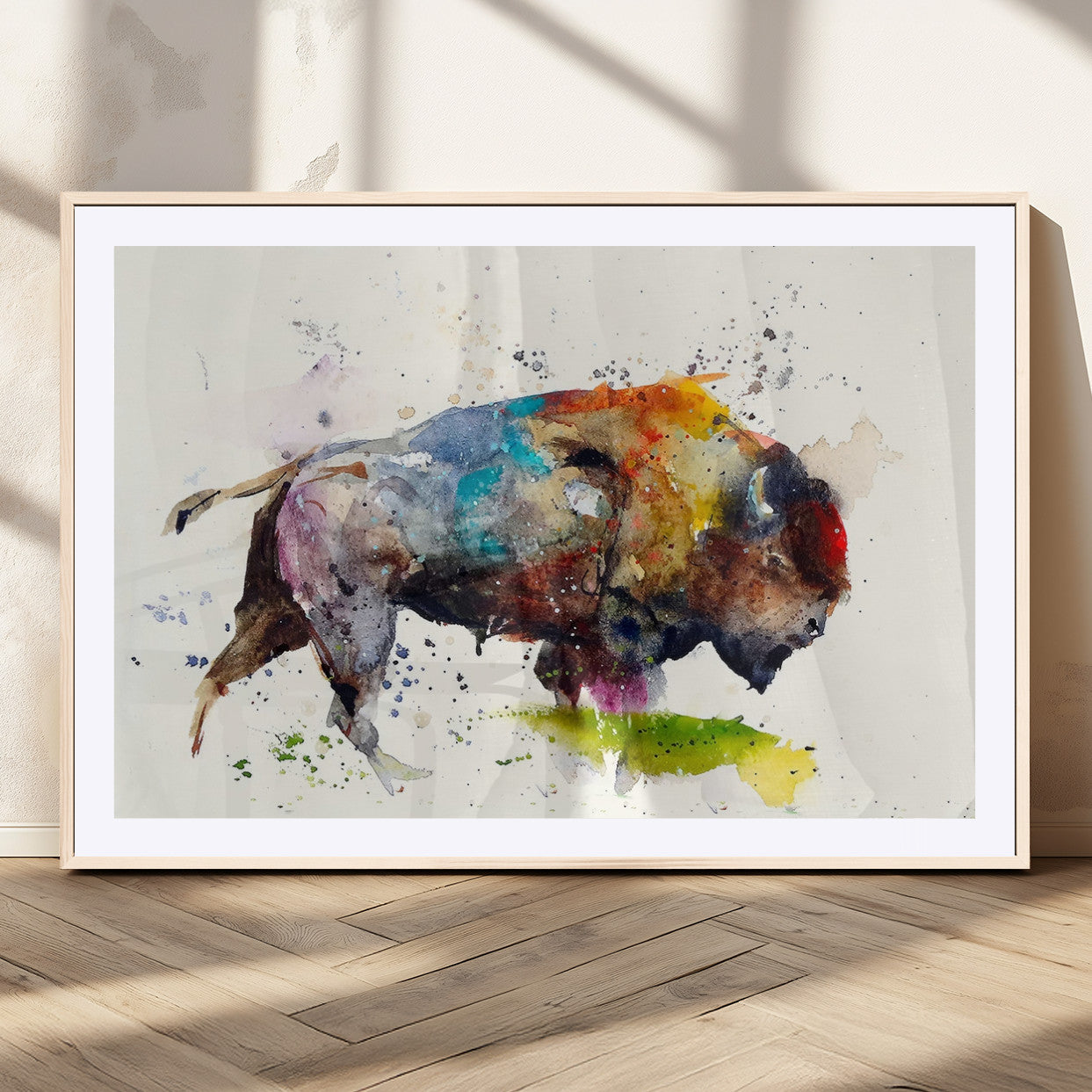 MGC-FP-36x24 - Abstract Buffalo Wall Art, Western Watercolor Bison Canvas Print, Rustic Buffalo Art for Cowboy and