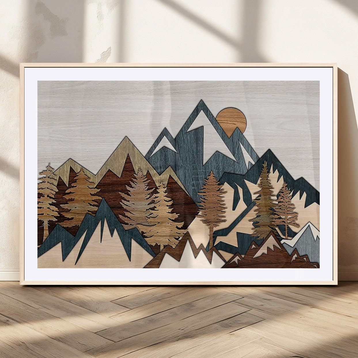 MGC-FP-36x24 - Rustic Abstract Wood Panel Effect Canvas Mountain Range Top Wood Wall Art Canvas Print