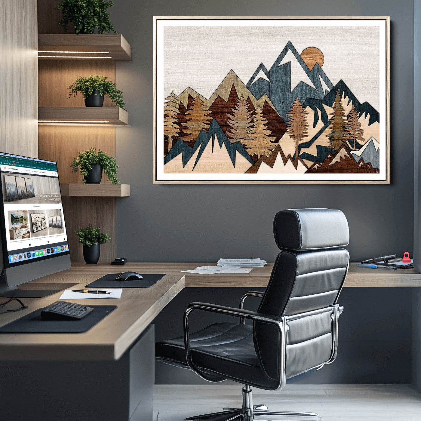 67950-MGC-FP-36x24_Natural-Rustic Abstract Wood Panel Effect Canvas Mountain Range Top Wood Wall Art Canvas Print