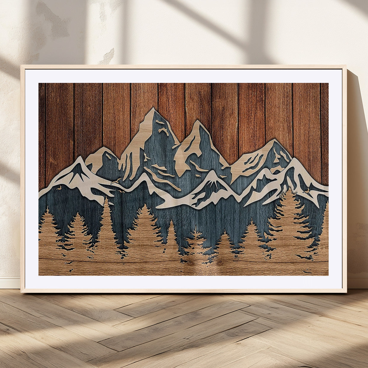 MGC-FP-36x24 - Rustic Wood Style Mountain Wall Art, Nature Forest Canvas Print, Wooden Textured Mountain Artwork,