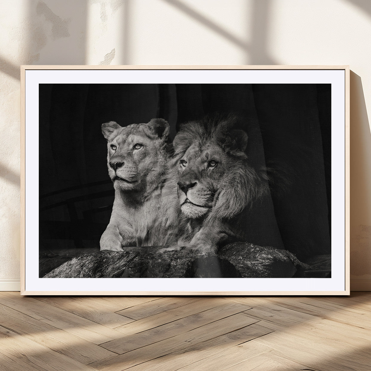 MGC-FP-36x24 - Lion Couple Canvas Wall Art Print – Elegant Wildlife Portrait in Black and White Lion Family – Ready