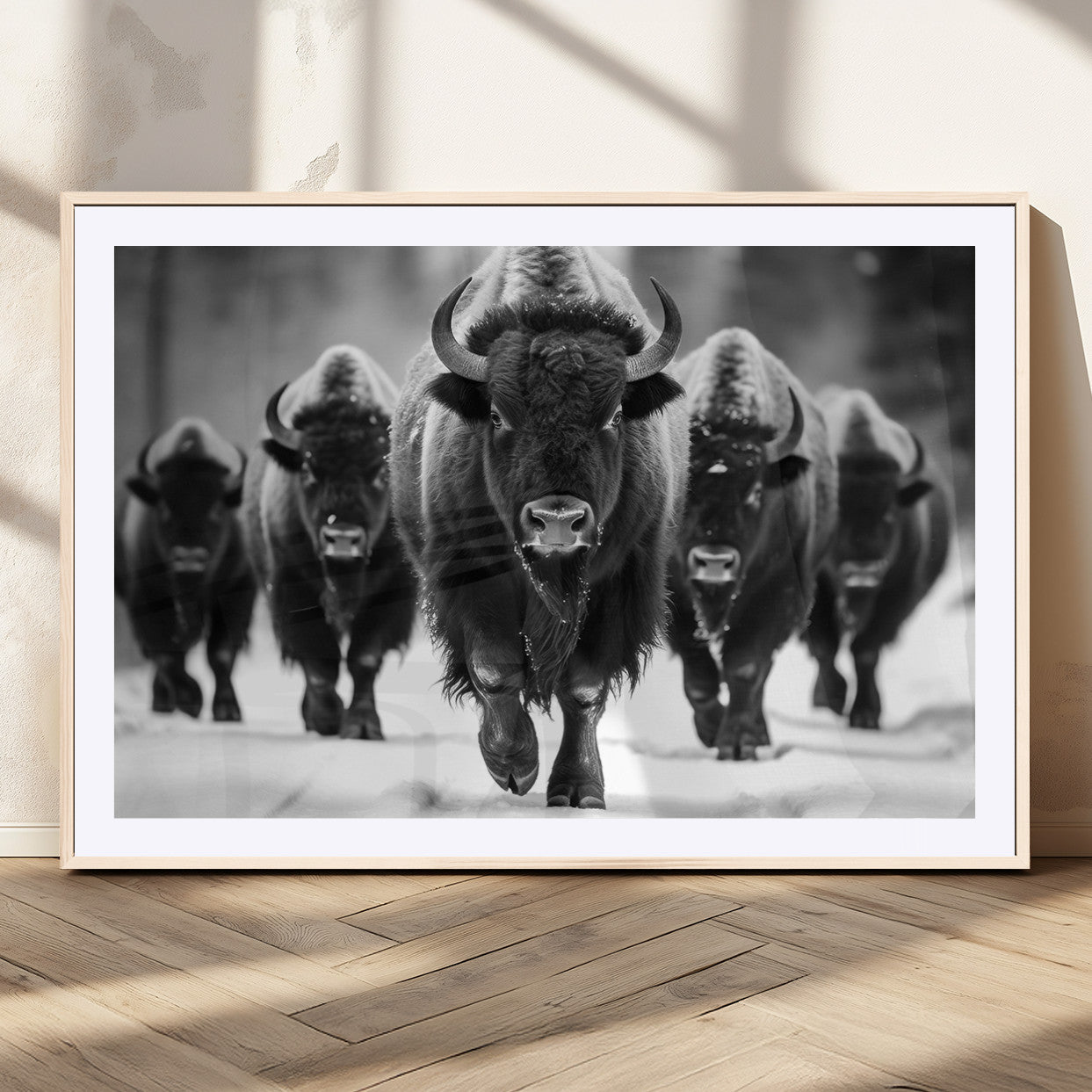 MGC-FP-36x24 - American Bison Art | Buffalo Herd Wall Art Canvas Print, BW American Bison Herd Wall Art Canvas