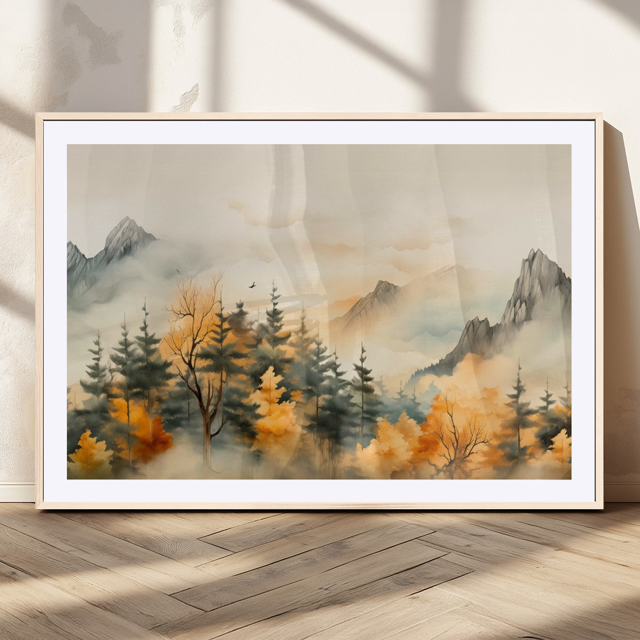 MGC-FP-36x24 - Abstract Watercolor Mountains and Trees Autumn Art, Watercolor Mountains and Trees Canvas Print