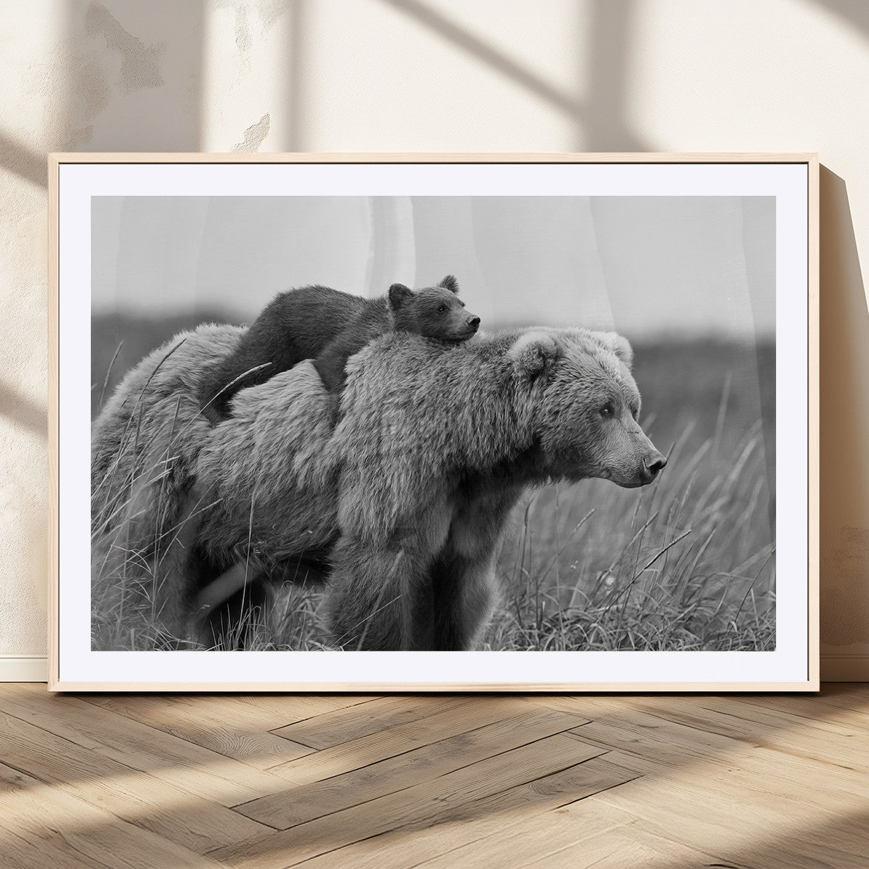 76338-MGC-FP-36x24_Natural-Bear and Cub Wall Art Canvas | 399 Bear Cub Wildlife-Inspired Animal Art for Living Room or Office |