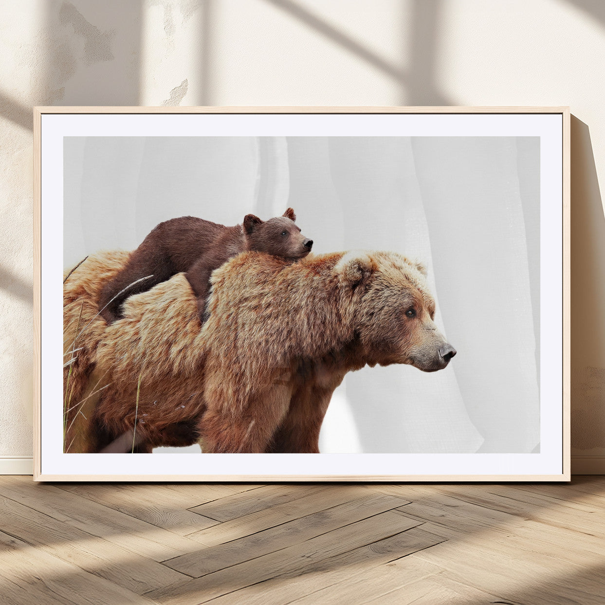 -Mother and Baby Bear Canvas Wall Art - Adorable Wildlife Animal Print, Cozy Rustic Decor for Living