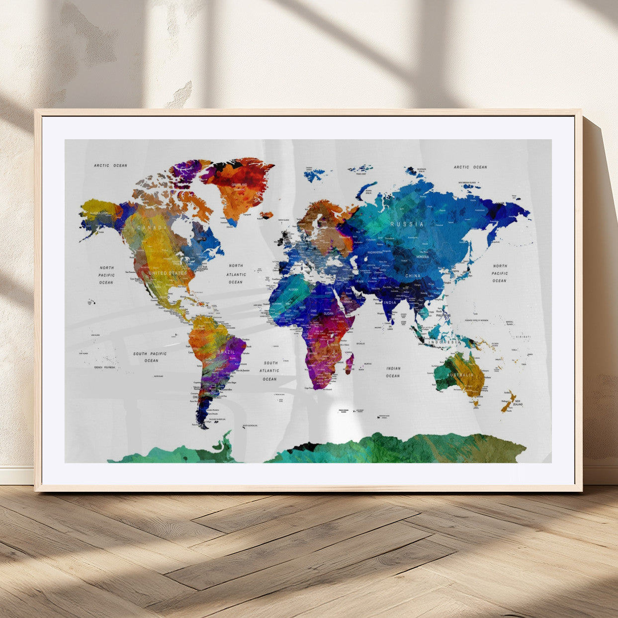 48979-MGC-FP-36x24_Natural-Push Pin World Map Canvas Print – Framed Wall Art for Couples to Track Their Travels – Anniversary