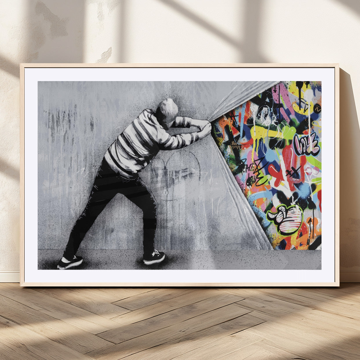 MGC-FP-36x24 - Banksy Art Behind the Curtain Street Wall Art Canvas Print | 3-Panel Urban Graffiti-Inspired Wall