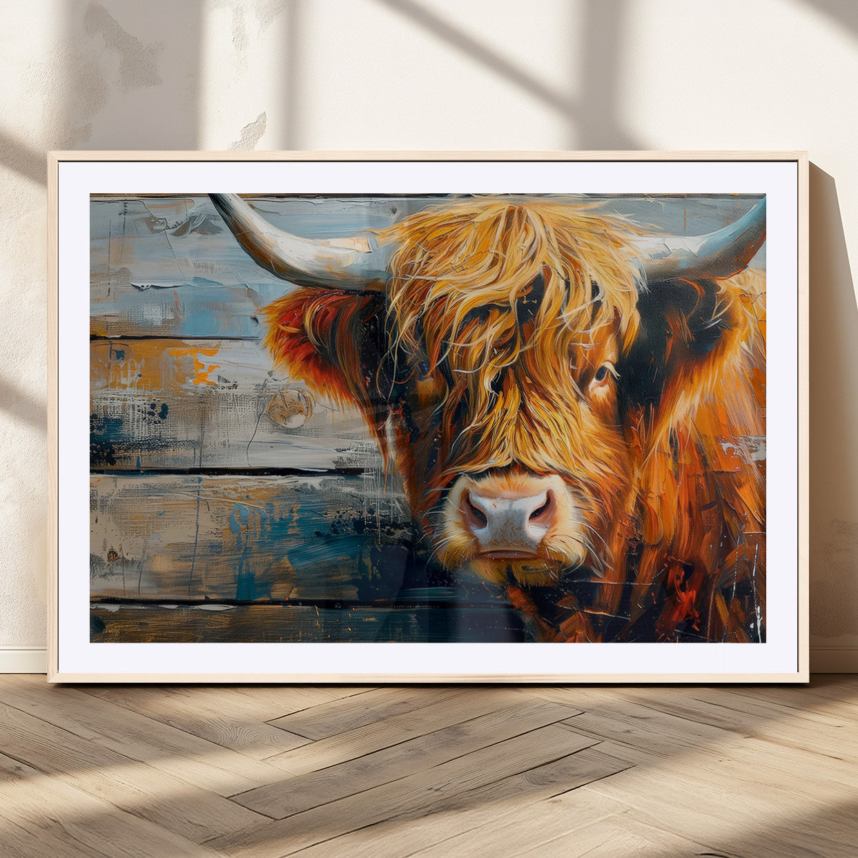 92312-MGC-FP-36x24_Natural-Highland Cow Abstract Canvas Wall Art – Bold Farmhouse Rustic Decor – Ready to Hang