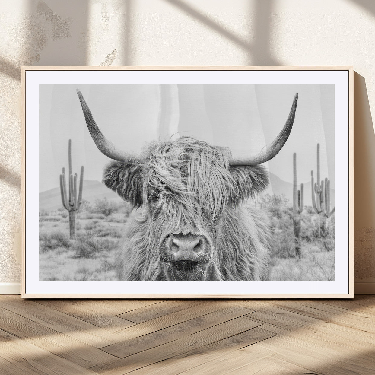 -Rustic Charm | Cow Longhorn Black White Bighorn Wall Art Canvas Print | Farmhouse Wall Art