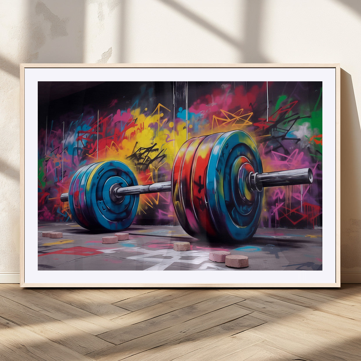 MGC-FP-36x24 - Abstract Graffiti Barbell Canvas Wall Art – Urban Fitness Meets Bold Street Art Print - Gym Wall Art Print