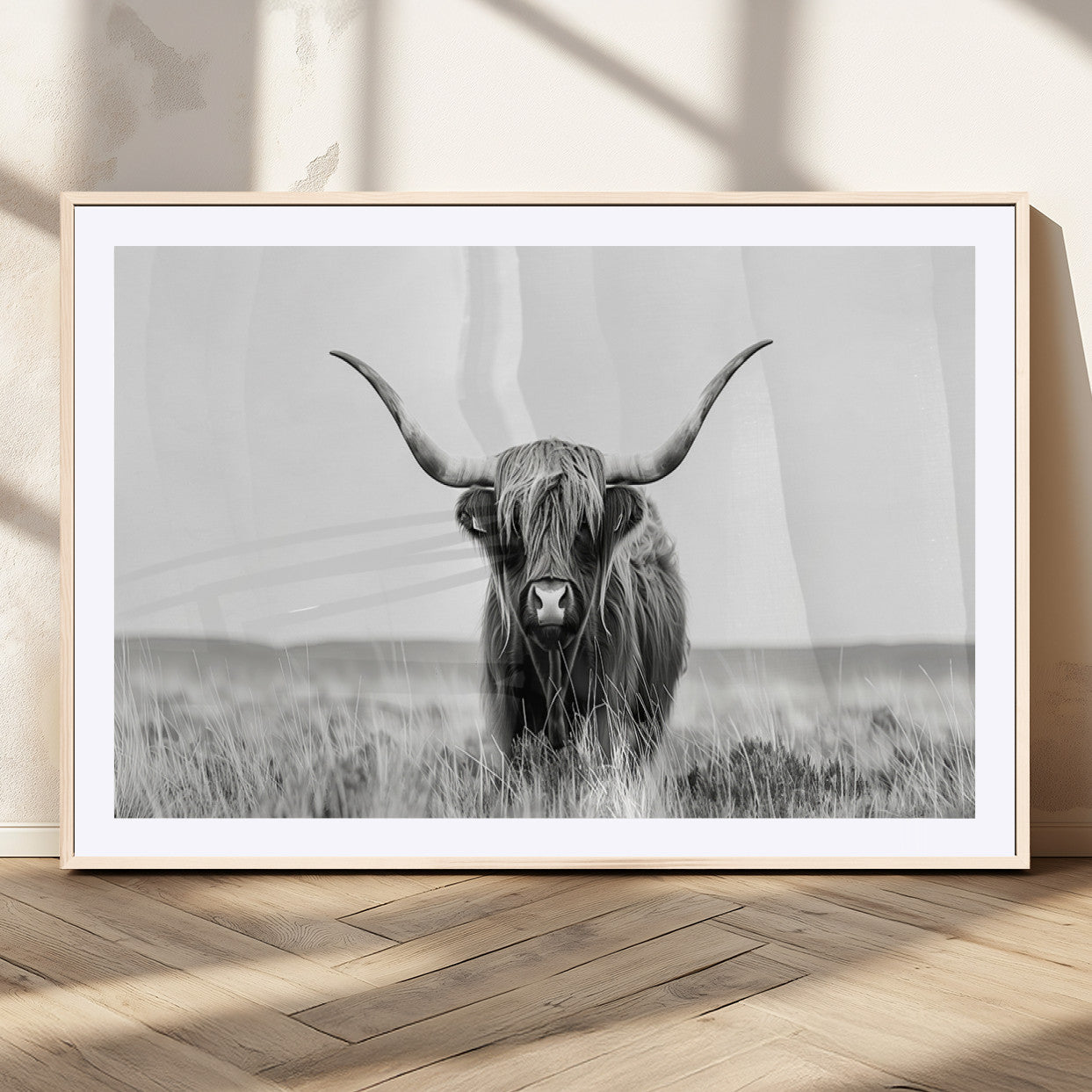 MGC-FP-36x24 - Highland Cow Canvas Wall Art – Majestic Beauty in Black and White