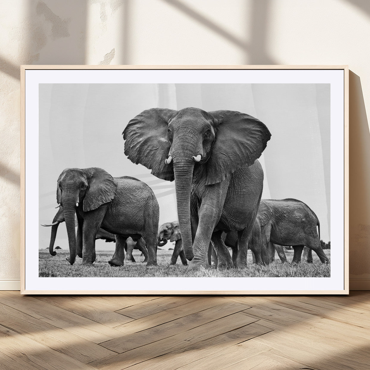 91685-MGC-FP-36x24_Natural-Black White Elephant Family Wall Art Canvas Print