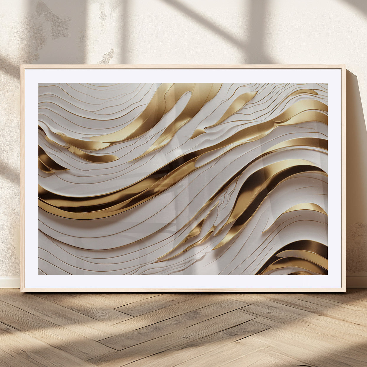 81197-MGC-FP-36x24_Natural-Gold and White Abstract Wave Canvas – Elegant Flowing Design with Luxurious Golden Accents –