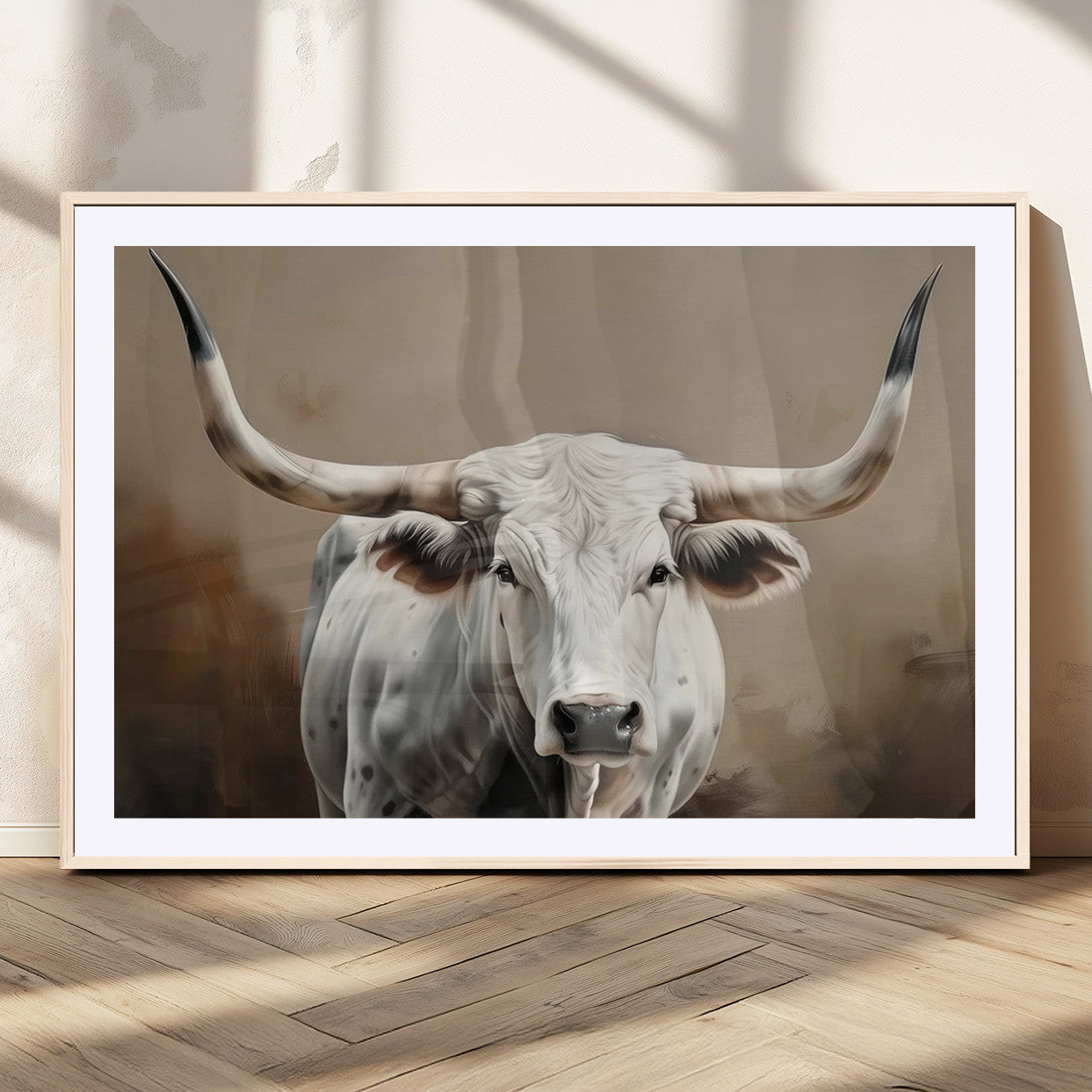 -White Longhorn Bull Wall Art Canvas Print – Framed and Ready to Hang – Perfect for Farmhouse and