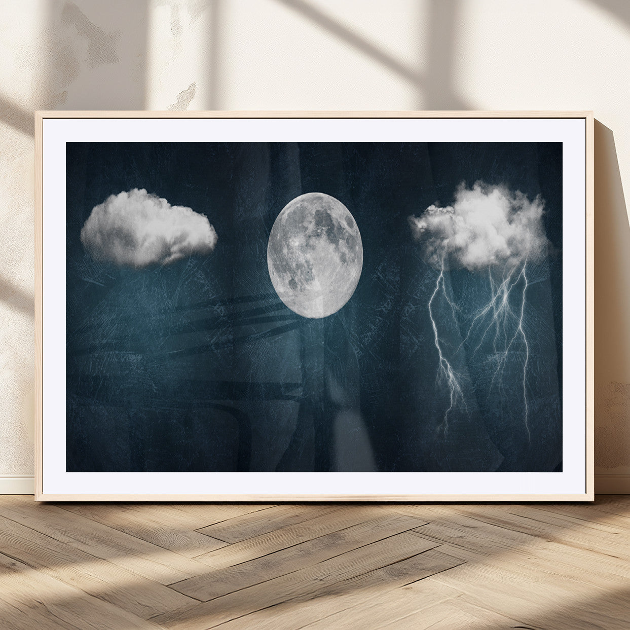 17673-MGC-FP-36x24_Natural-3 Piece Indigo Cloud Wall Art, Thunderstorm Moon Cloud Artworks
