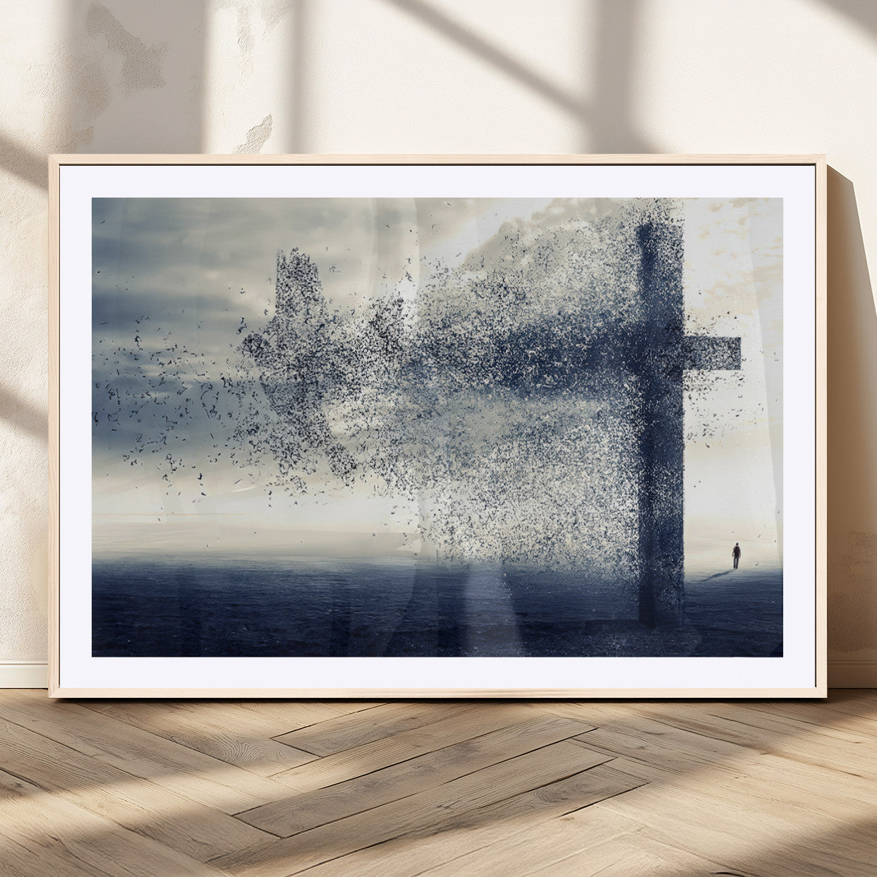 MGC-FP-36x24 - Jesus and the Fading Cross Wall Art Print – Symbol of Faith, Christian Wall Art Canvas Print, Framed