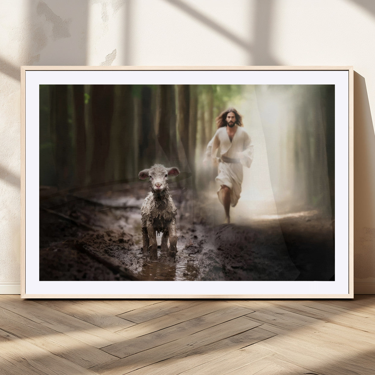 MGC-FP-36x24 - Jesus Canvas Wall Art - Jesus Running After Lost Lamb, Jesus, Christian Home Decor - Church Wall Art