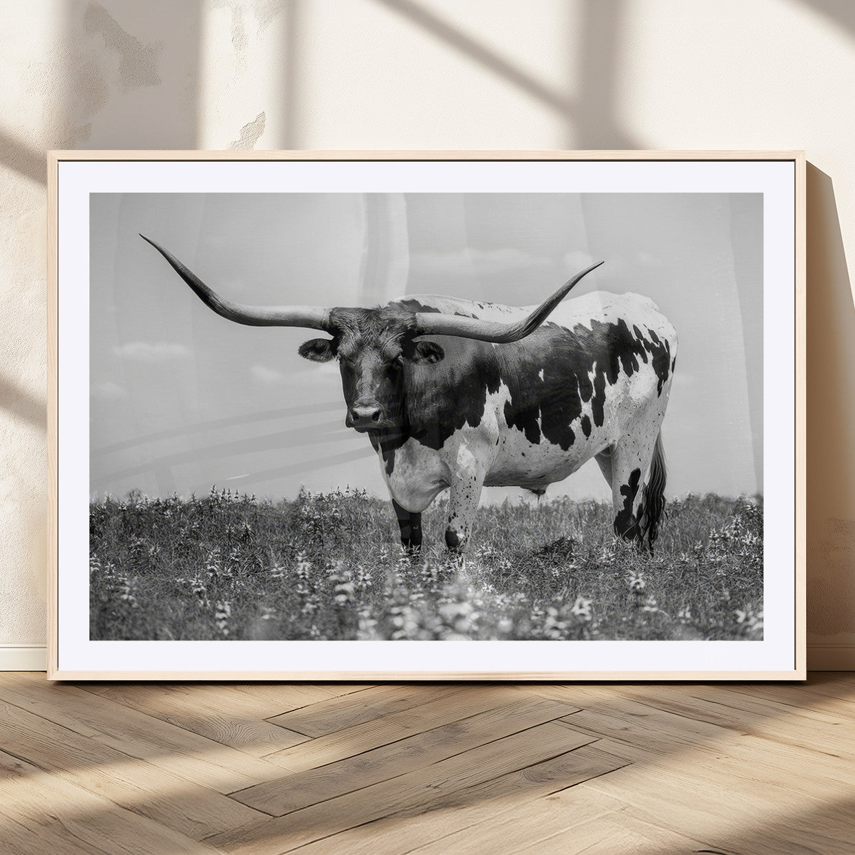 94709-MGC-FP-36x24_Natural-Texas Black White Highland Longhorn Cow Wall Art Canvas Print