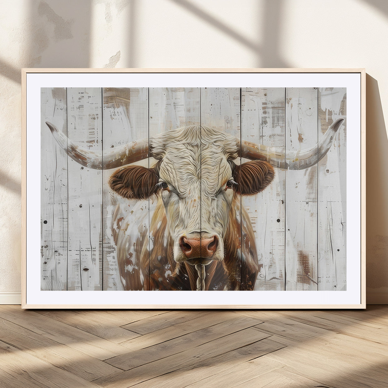 71551-MGC-FP-36x24_Natural-Rustic Longhorn Bull Wall Art Canvas Set – Western-Inspired Farmhouse Décor - Ready to Hang