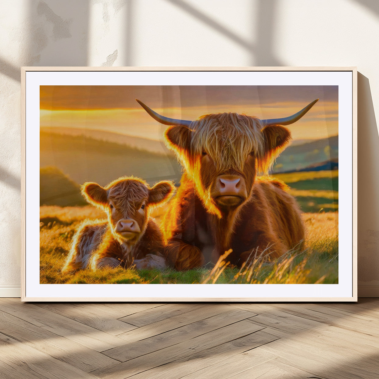 20567-MGC-FP-36x24_Natural-Scottish Cow and Baby Cow Canvas Wall Art Animal Print Fluffy Cattle Framed Farmhouse Decor