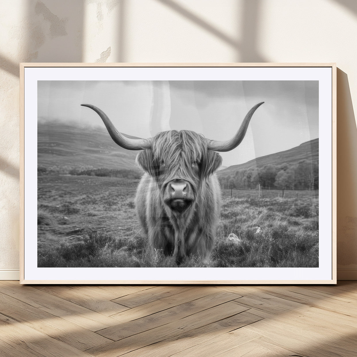 MGC-FP-36x24 - Black White Scottish Highland Cow Canvas Farm Wall Art Canvas Print