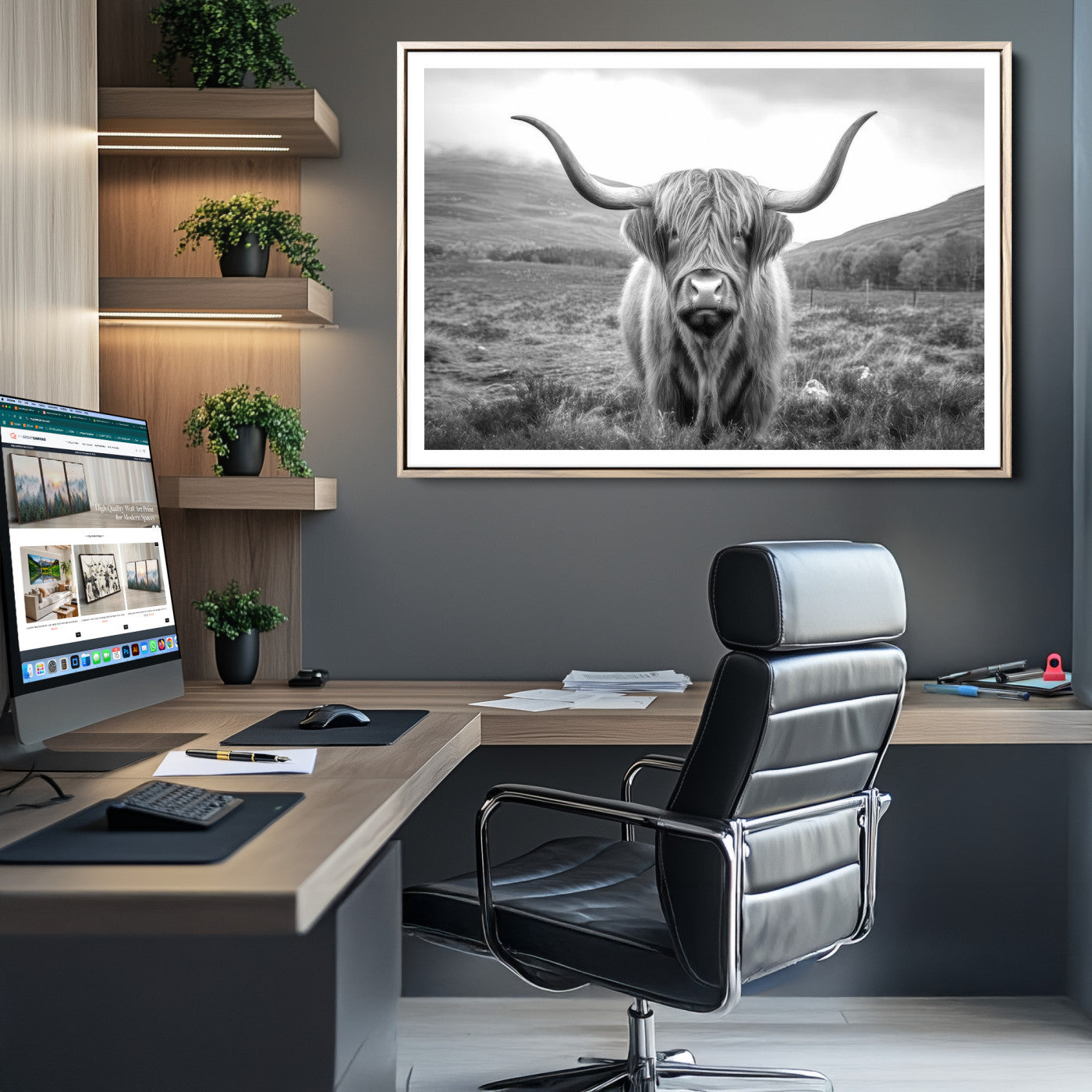 52903-MGC-FP-36x24_Natural-Black White Scottish Highland Cow Canvas Farm Wall Art Canvas Print