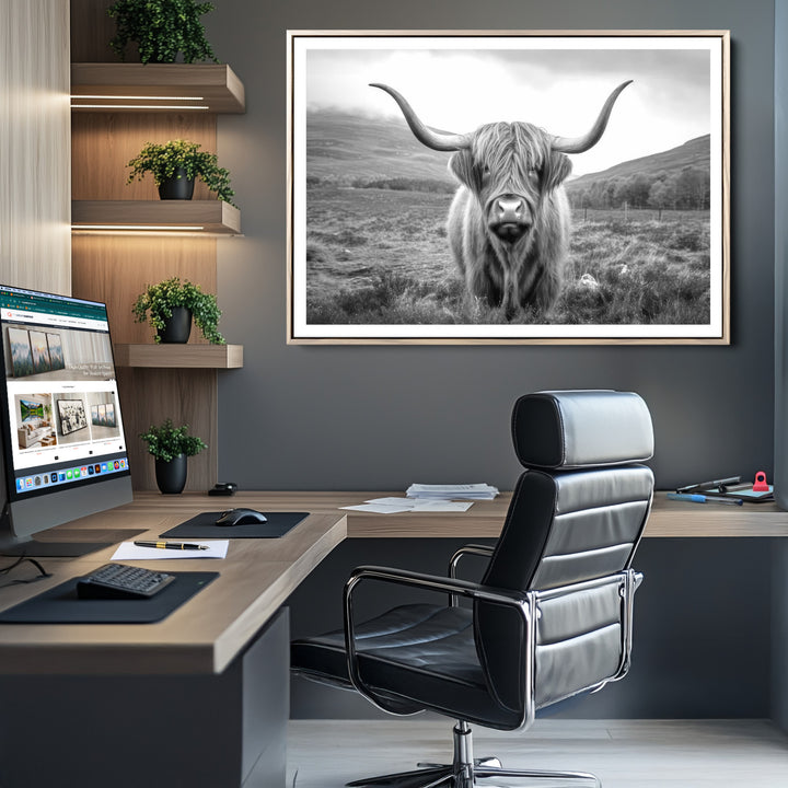 Black White Scottish Highland Cow Canvas Farm Wall Art Canvas Print