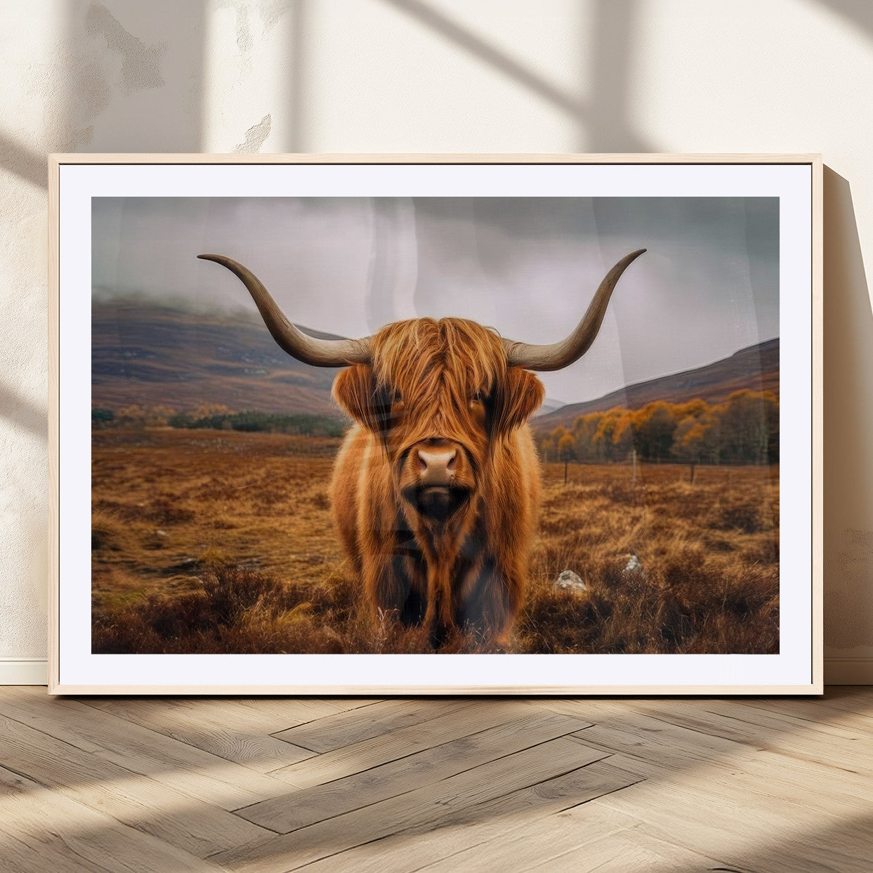 -Highland Cow Longhorn Wall Art – Rustic Canvas Print, Framed and Ready to Hang for Farmhouse Décor