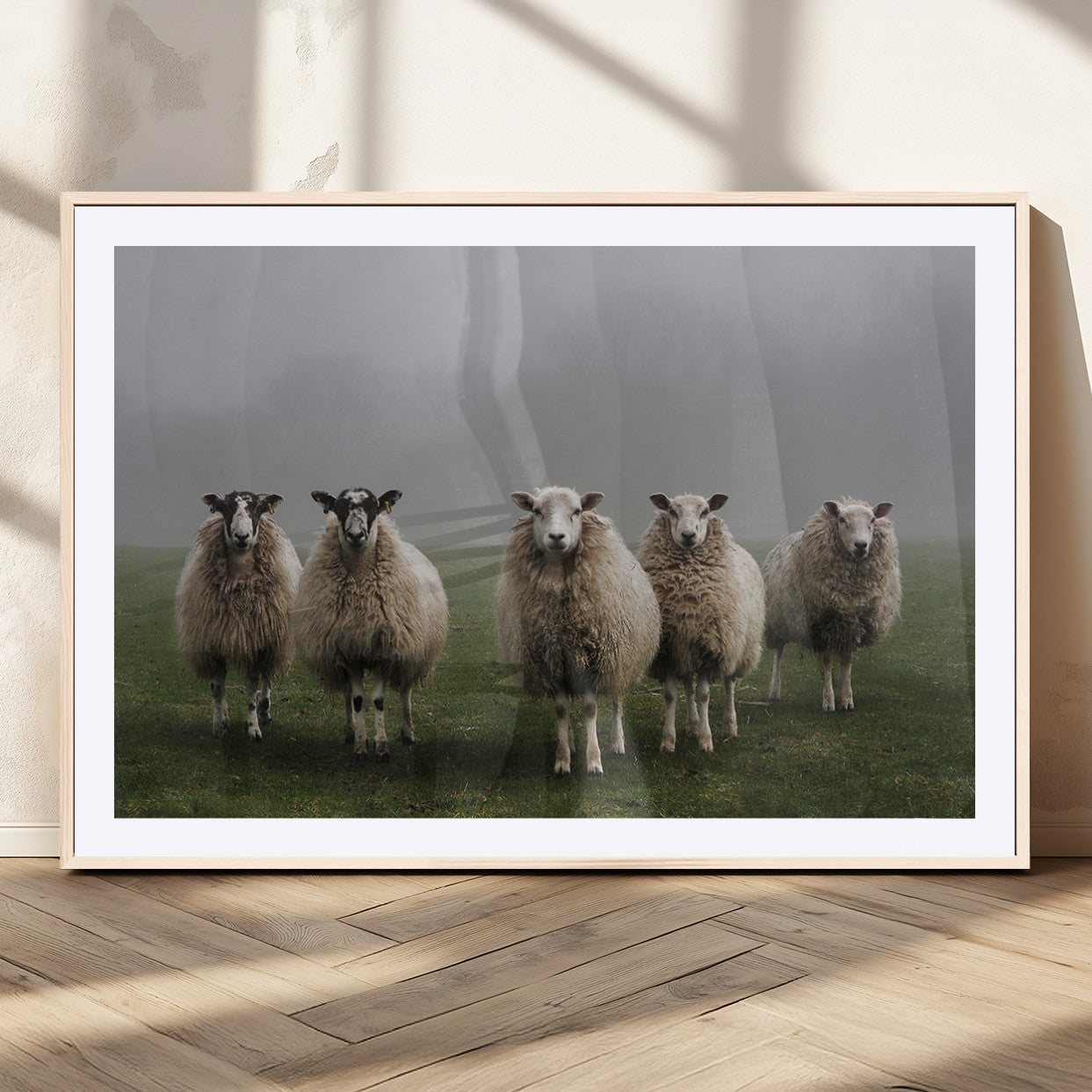 87339-MGC-FP-36x24_Natural-Flock of Sheep in a Mystical Fog – Pastoral Wall Art Canvas Print, Framed, Ready to Hang